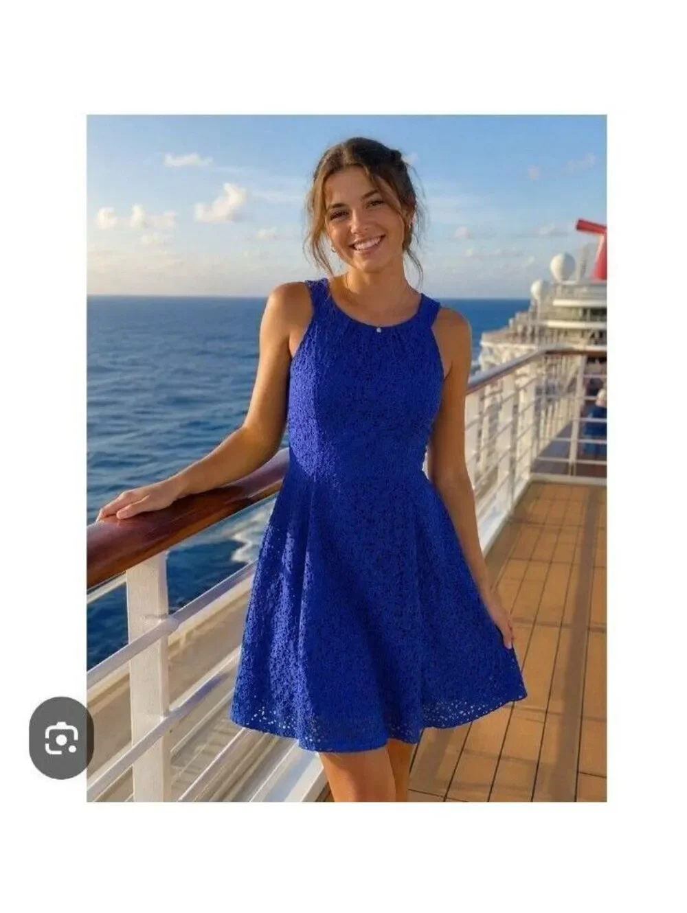 Womens Royal Blue Eyelet Lace Fit & Flare Dress sleeveless halter neckline 16